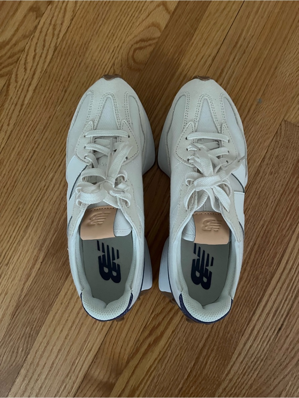 New Balance White Sneakers with Tan & Periwinkle Accents